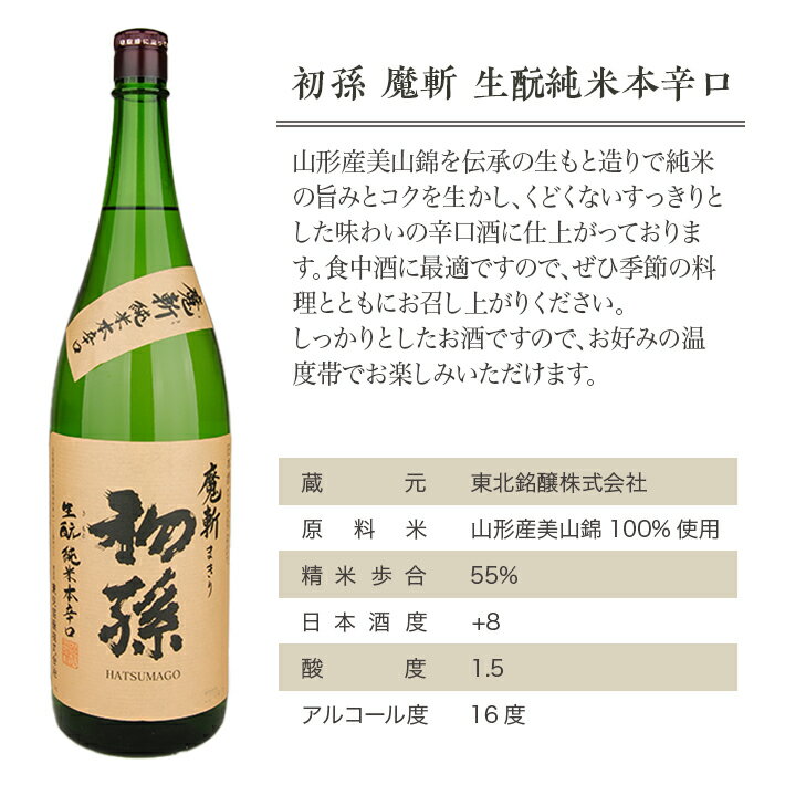 【ふるさと納税】 初孫 「魔斬」2種セット 純米大吟醸 超辛口・生もと純米本辛口 各1800ml×1本 計2本セット 美山錦 東北 東北銘醸 山形県 酒田市 庄内地方 庄内平野 魔斬 生酛 純米大吟醸 純米酒 超辛口 本辛口 日本酒 お酒 セット サムネイル3