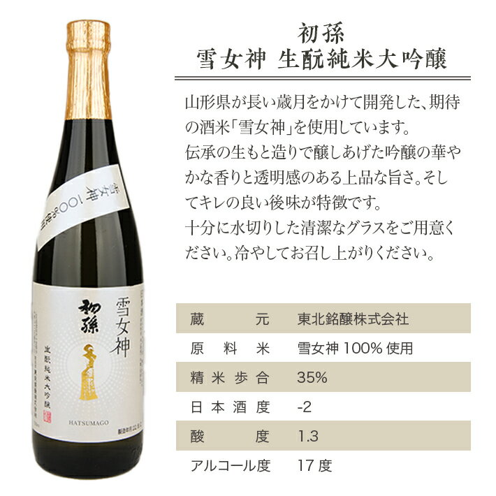 【ふるさと納税】初孫 雪女神 生もと純米大吟醸 720ml×1本 化粧箱入り 限定品 雪女神 東北 山形県 酒田市 庄内地方 庄内平野 東北銘醸 純米大吟醸酒 生酛 日本酒 お酒 サムネイル2