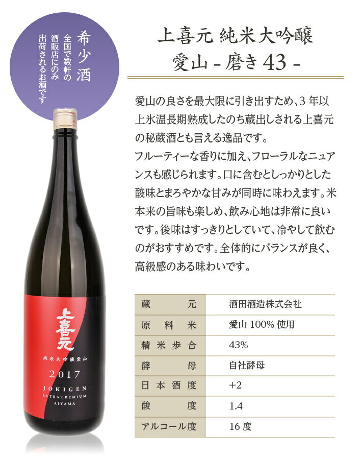 【ふるさと納税】上喜元 純米大吟醸 愛山 磨き43 1800ml×1本 化粧箱入り 純米大吟醸酒 酒田酒造 東北 山形県 酒田市 庄内 酒 お酒 日本酒 サムネイル3