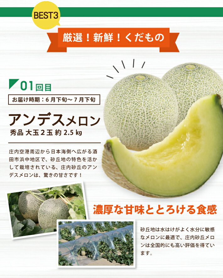 【ふるさと納税】≪3回定期便≫ 酒田の実り定期便2026 6月下旬〜7月下旬：アンデスメロン 8月下旬～10月中旬：刈屋梨 10月中旬〜11月中旬：庄内柿 ※着日指定不可 定期便 頒布会 果物 くだもの フルーツ メロン なし ナシ かき カキ 種無し 東北 山形県 酒田市 庄内 夏 秋 旬 サムネイル3