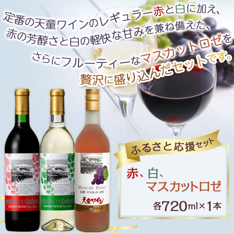 【ふるさと納税】 天童ワインふるさと応援セット 赤 白 ロゼ ワイン 飲み比べ セット 720ml 3本 赤 辛口 ライトボディ / 白 やや甘口 ライトボディ / マスカットロゼ 甘口 ライトボディ のし 贈答 送料無料 天童ふるさと銘酒会 天童ワイン 【 山形県 天童市 】 サムネイル3