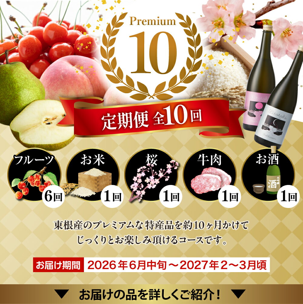 【ふるさと納税】【 2026年 先行予約 10回 定期便 】 プレミアム10・1年リレーコース / さくらんぼ 佐藤錦 桃 すもも 秋姫 ぶどう シャインマスカット 洋梨 ラフランス りんご サンふじ 米 つや姫 桜 山形牛 サーロイン 日本酒 山形県 東根市 サムネイル2