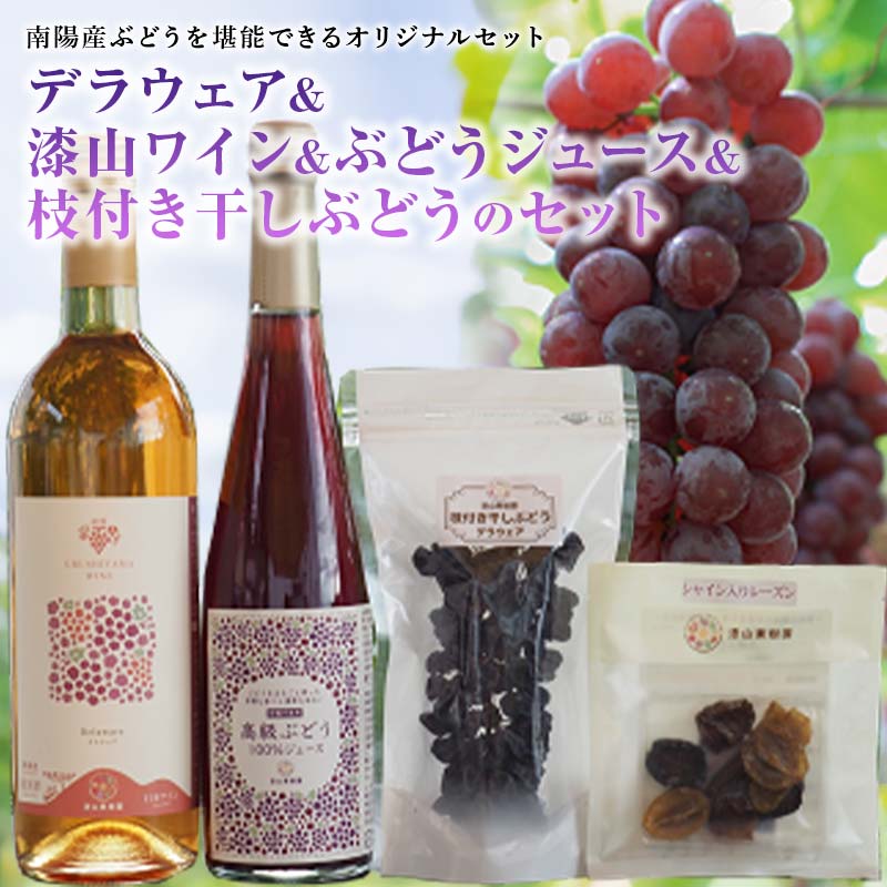 【令和8年産先行予約】 デラウェア 1箱 (5房前後入り) ＋ 漆山ワイン (デラウェア) ＋ 高級ぶどう果汁100%ジュース ＋ 枝付き干しぶどう 《令和8年7月中旬～発送》 『漆山果樹園』 山形県 南陽市 [785]