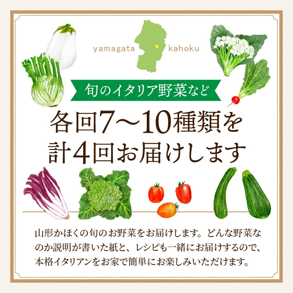【ふるさと納税】［ 定期便 4回 ］ 季節 イタリア野菜 地元の野菜 セット ( 2026年7月発送スタート )| 野菜 やさい 季節野菜 地野菜 定期 詰め合わせ 食べ比べ 旬 本格 簡単 イタリアン サラダ 野菜 ベジタブル 健康 お取り寄せ 国産 東北 山形 河北【かほくらし社】 - 画像2
