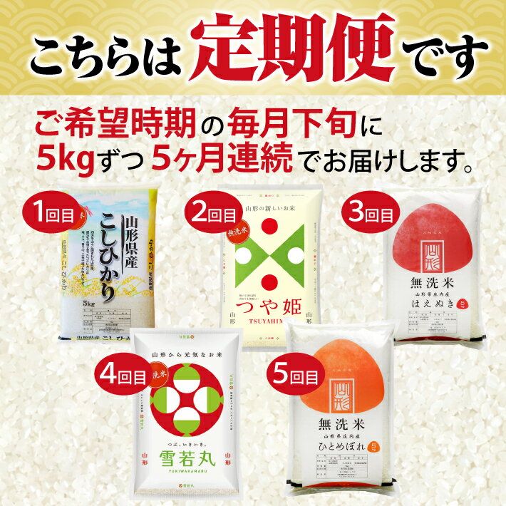 【ふるさと納税】≪5ヶ月定期便≫ 無洗米 5銘柄食べ比べセット 各5kg 5ヶ月連続 計25kg 令和7年産 コシヒカリ つや姫 はえぬき 雪若丸 ひとめぼれ 山形県庄内産 毎月下旬にお届け 東北 山形県 遊佐町 庄内地方 庄内平野 庄内米 精米 白米 連続定期便 小分け サムネイル2