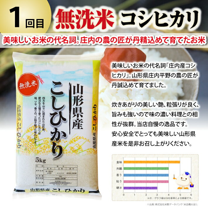 【ふるさと納税】≪5ヶ月定期便≫ 無洗米 5銘柄食べ比べセット 各5kg 5ヶ月連続 計25kg 令和7年産 コシヒカリ つや姫 はえぬき 雪若丸 ひとめぼれ 山形県庄内産 毎月下旬にお届け 東北 山形県 遊佐町 庄内地方 庄内平野 庄内米 精米 白米 連続定期便 小分け サムネイル3