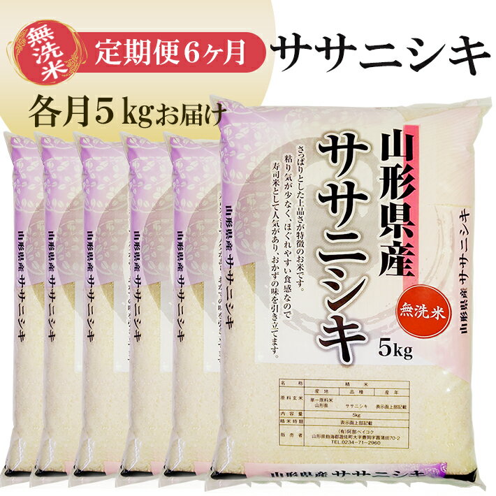 ≪6ヶ月定期便≫ 無洗米 ササニシキ 5kg×6ヶ月連続 計30kg 山形県産 毎月下旬にお届け 東北 山形県 遊佐町 庄内地方 庄内平野 庄内米 精米 白米 米 お米 ごはん ご飯 連続定期便 6回連続