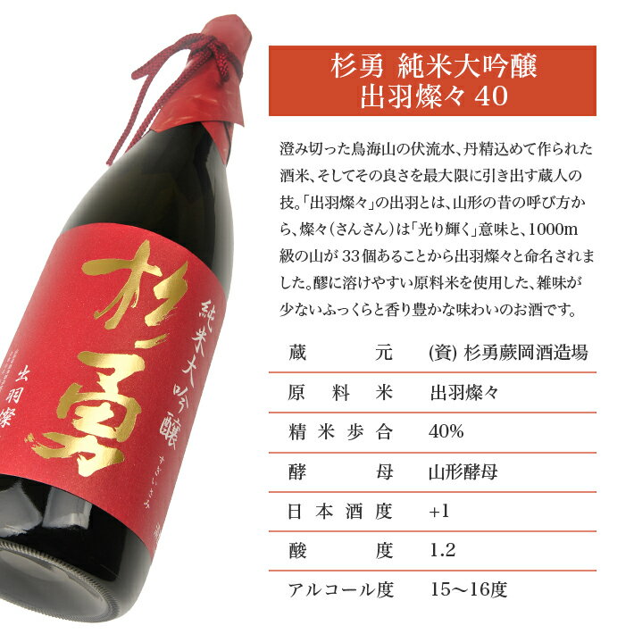 【ふるさと納税】杉勇 純米大吟醸 出羽燦々 40 1800ml×1本 化粧箱入り 杉勇蕨岡酒造場 山形県 遊佐町 庄内 日本酒 お酒 清酒 サムネイル2