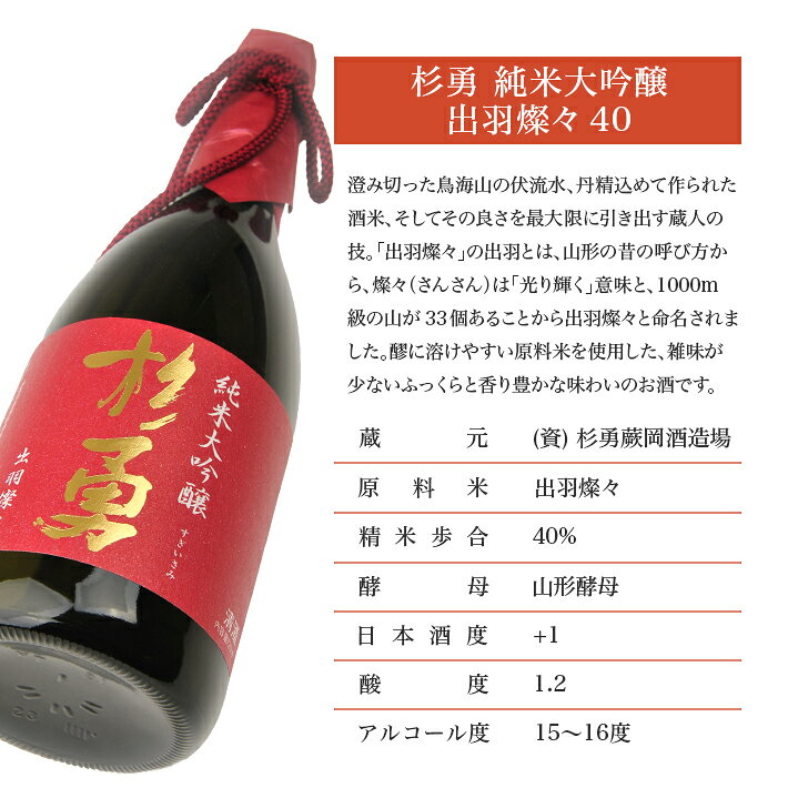 【ふるさと納税】杉勇 純米大吟醸 出羽燦々 40 720ml×1本 化粧箱入り 杉勇蕨岡酒造場 山形県 遊佐町 庄内 日本酒 お酒 清酒 サムネイル2