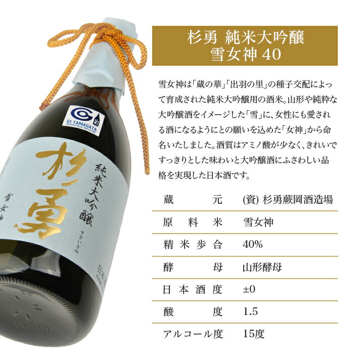 【ふるさと納税】杉勇 純米大吟醸 雪女神 40 720ml×1本 化粧箱入り 杉勇蕨岡酒造場 山形県 遊佐町 庄内 日本酒 お酒 清酒 サムネイル2