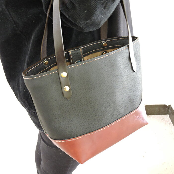 【ふるさと納税】イノシシ革トートバッグ（黒×こげ茶） F20C-345 サムネイル2