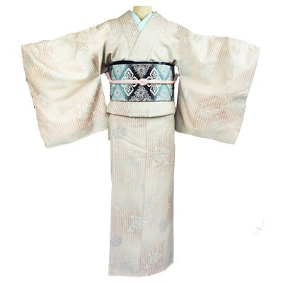 【ふるさと納税】車いす用着物レンタル3日間＜小紋:淡いピンク色縦縞模様 太鼓帯:青色 草花文（草履付き）＞ | 茨城県 つくば市 キモノ 帯 セット レンタルサービス 車椅子 成人式 卒業式 七五三 婚礼 1044624 サムネイル2