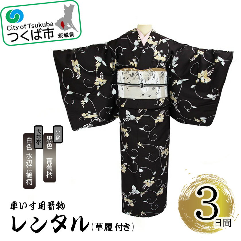 車いす用着物レンタル3日間＜小紋:黒色 葡萄柄 太鼓帯:白色 水辺に鶴柄(草履付き)＞ | 茨城県 つくば市 キモノ 帯 セット レンタルサービス 車椅子 成人式 卒業式 七五三 婚礼