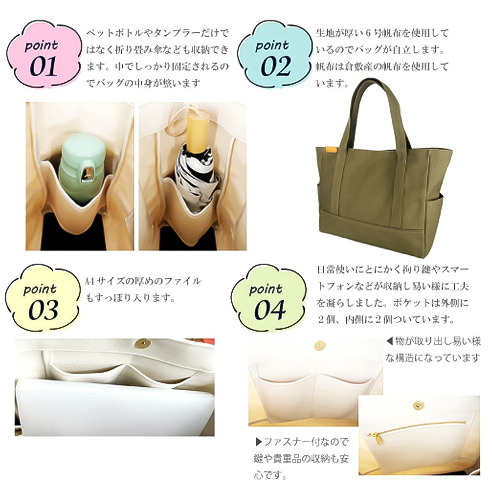 【ふるさと納税】【レビューから開発】倉敷産 帆布トートバッグ A4すっぽり ポケット充実！【キャメル】帆布 トートバッグ 倉敷帆布 倉敷 キャンバス生地 キャンバス 大きめ バッグ 鞄 かばん 収納充実 レディース 国産 国内製造 茨城県 守谷市 送料無料◇ サムネイル3