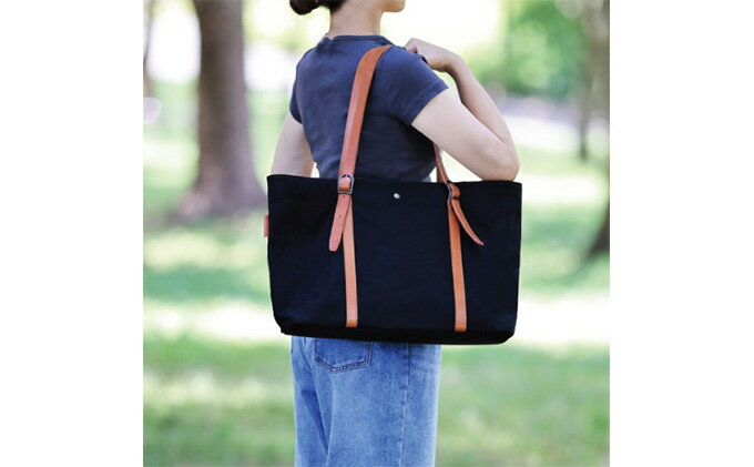 【ふるさと納税】倉敷産帆布×本牛革 トートバッグ(黒×ブラウン)　【ファッション・かばん・トートバッグ】◇ サムネイル2