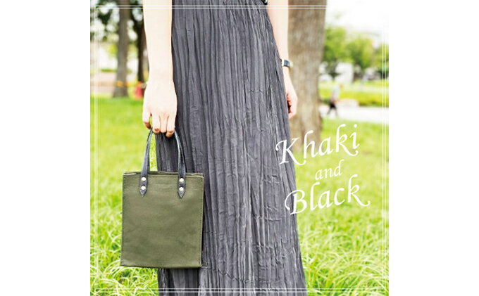 【ふるさと納税】倉敷産帆布×本牛革 トートバッグミニサイズ（カーキ×黒）　【ファッション・かばん・トートバッグ・牛革】◇ サムネイル3