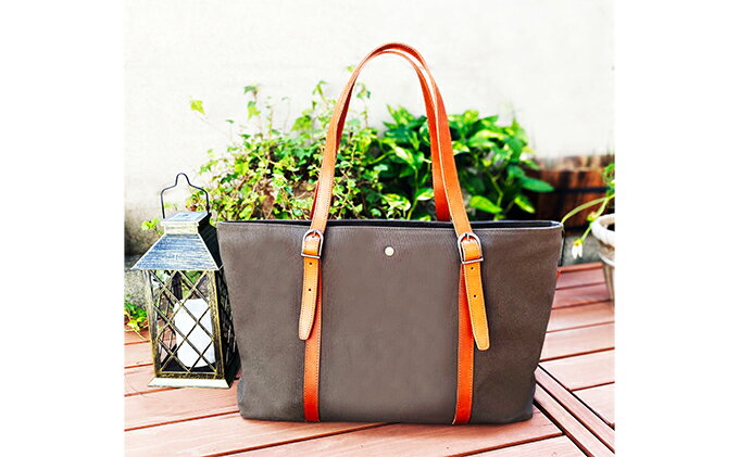 【ふるさと納税】倉敷産帆布×本牛革 トートバッグ(カーキ×ブラウン)　【ファッション・かばん・トートバッグ・本牛革・ジッパー付き】◇ サムネイル2