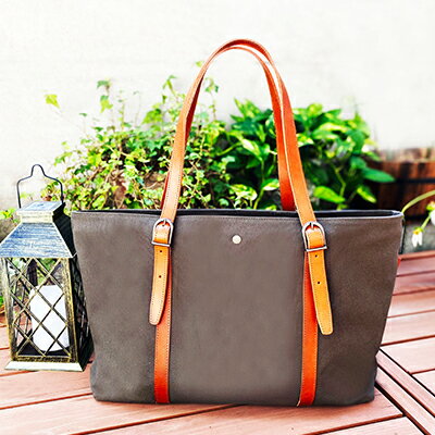 倉敷産帆布×本牛革 トートバッグ(カーキ×ブラウン)　【ファッション・かばん・トートバッグ・本牛革・ジッパー付き】◇