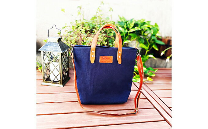 【ふるさと納税】倉敷産帆布×本革　2way　トートバッグタグ(ネイビー×ブラウン)　【ファッション・かばん・トートバッグ・2way・ショルダー】◇ サムネイル2