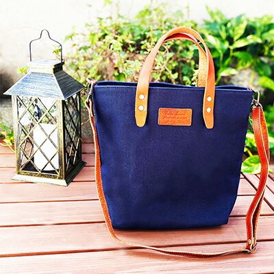 倉敷産帆布×本革　2way　トートバッグタグ(ネイビー×ブラウン)　【ファッション・かばん・トートバッグ・2way・ショルダー】◇