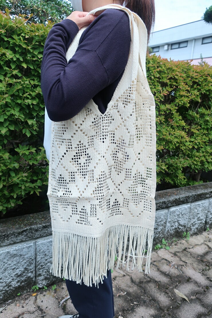 エコバッグ　スター柄　環境に優しいオーガニックコットン糸使用【オーガニックコットン バッグ レース編み フリンジ 星柄 肩掛けバッグ トーションレース 栃木県 足利市 】 F7Z-408