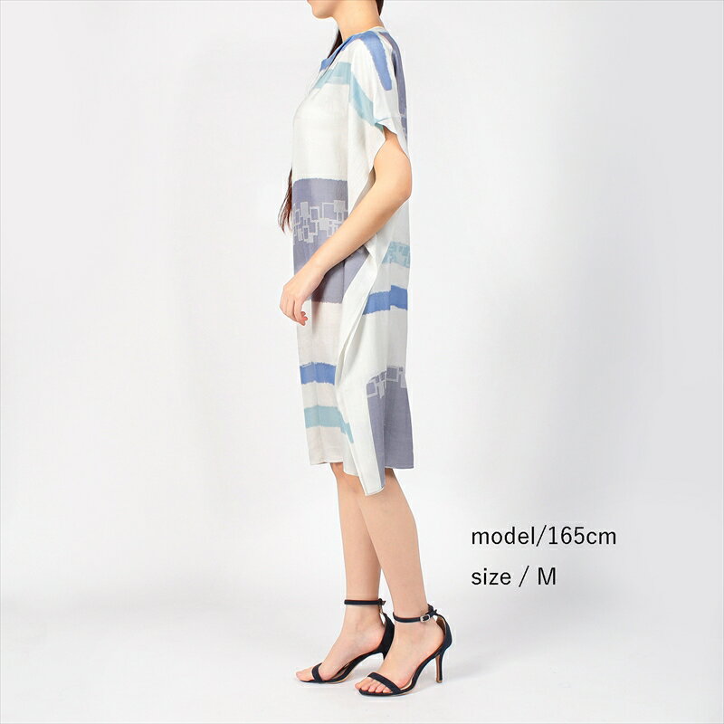 【ふるさと納税】【限定】STYLE＊MEISEN 四角重ね柄シルクワンピース（WHITE）/ L【ワンピース ワンピ 和柄 和の模様 和のデザイン 四角の連続模様 銘仙 栃木県 足利市 】 F7Z-306 サムネイル3