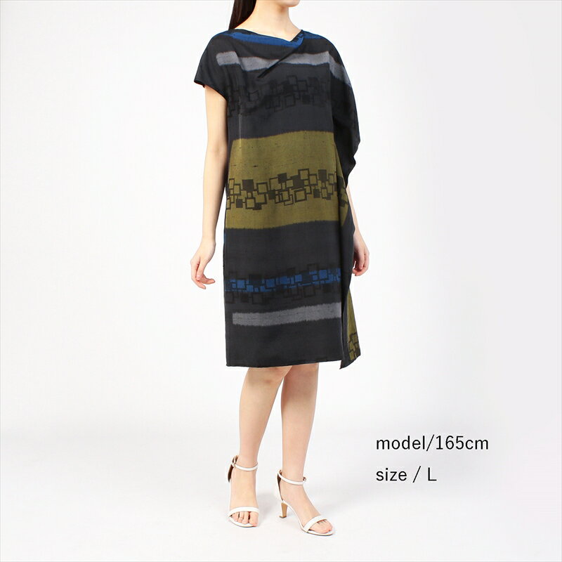 【ふるさと納税】【限定】STYLE＊MEISEN 四角重ね柄シルクワンピース（BLACK）/ L【ワンピース ワンピ 和柄 和の模様 和のデザイン 四角の連続模様 銘仙 栃木県 足利市 】 F7Z-308 サムネイル2