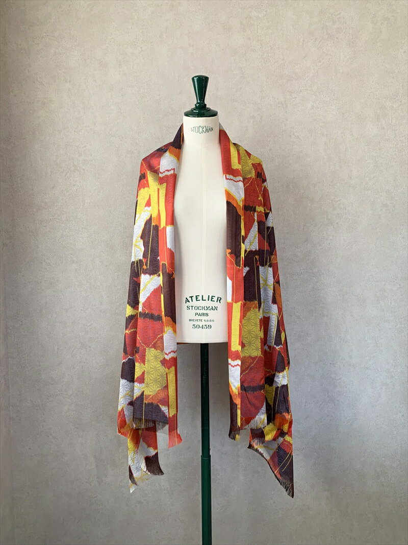 ◎海外要人向け贈呈品選出 足利銘仙(ほぐし織り)シルクストール ART.Techno-RJ【 海外要人向け 贈呈品 羽織り 大判 シルクストール シルク ストール 栃木県 足利市 】 F7Z-312