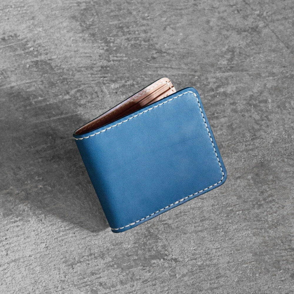 栃木レザー使用｜滑らか本革二つ折り財布｜Half wallet 01｜ブルー｜minca（全7色）