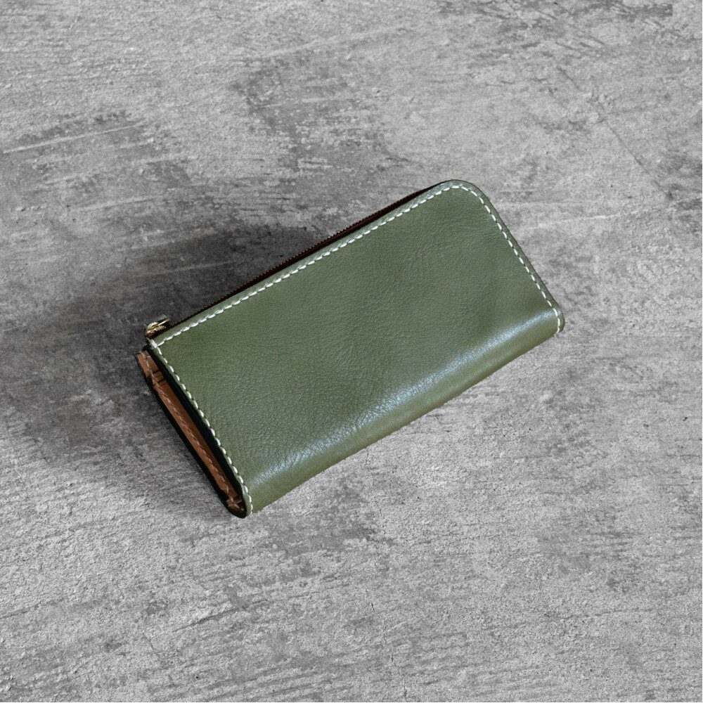 栃木レザー使用｜やわらか本革Lジップ長財布｜Lzip wallet 02｜オリーブ｜minca（全7色）