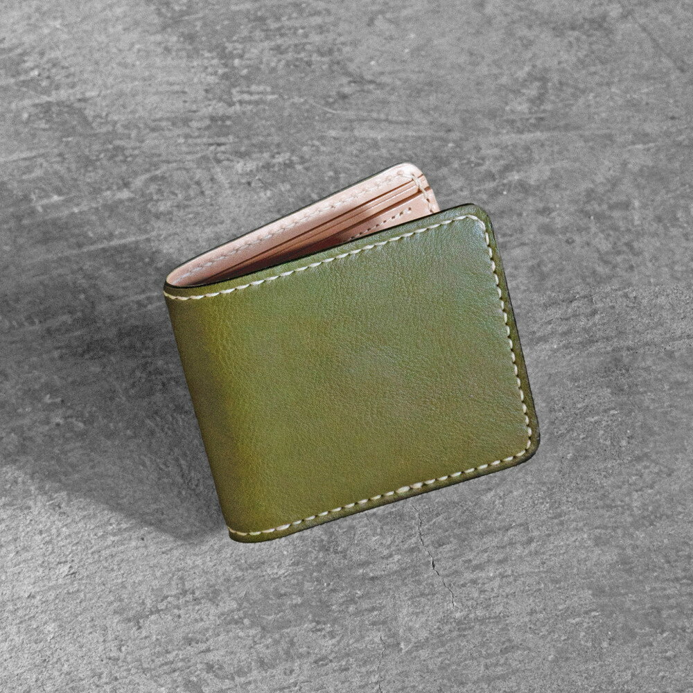 栃木レザー使用｜やわらか本革二つ折り財布｜Half wallet 02C｜オリーブ｜minca（全7色）