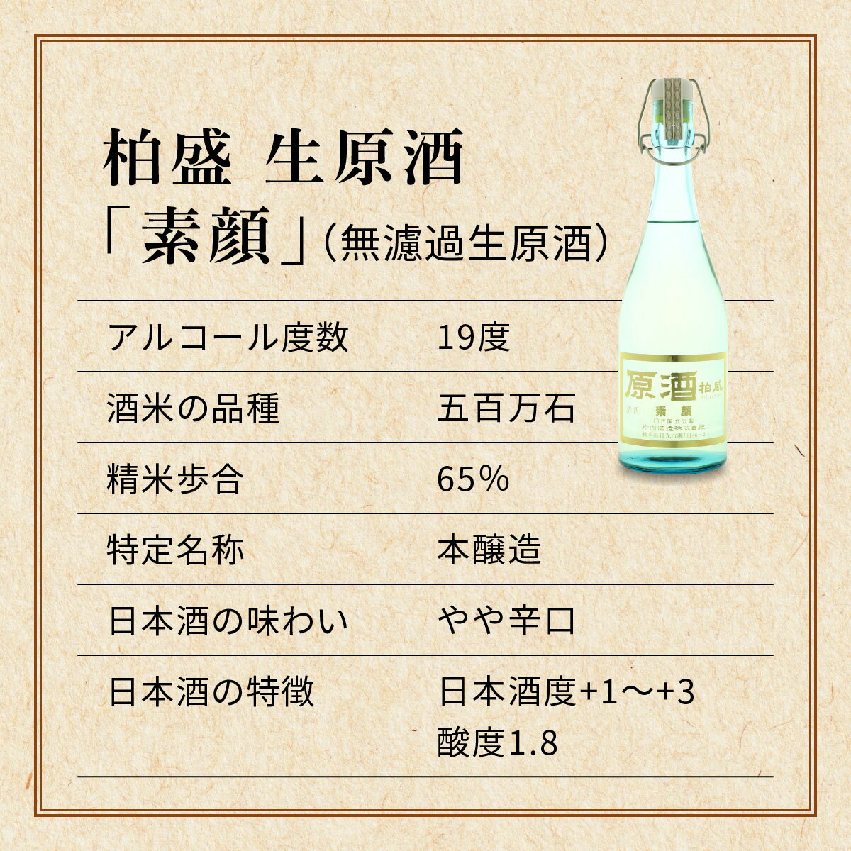 【ふるさと納税】原酒柏盛 生原酒「素顔」(無濾過生原酒) 720ml｜片山酒造 日本酒 お酒 原酒 生原酒 生酒 地酒 日光市 [0754] サムネイル3