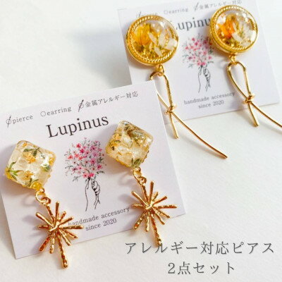 アレルギー対応ピアス「かすみ草のリボンピアス&メラスフェルラとユーフォルビアのリボン」【1562334】