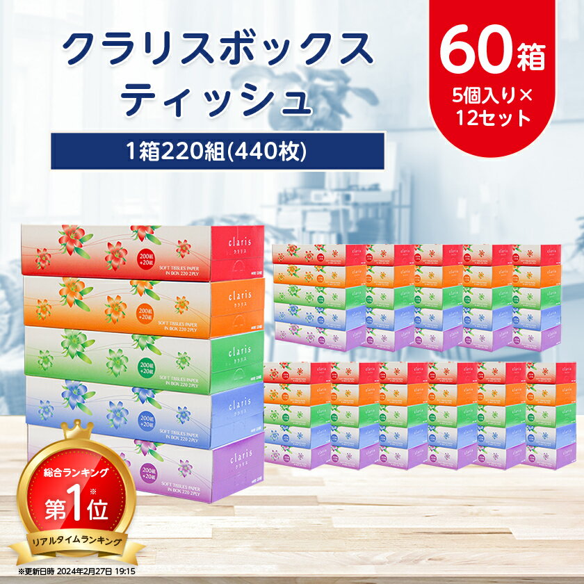 ランキング1位獲得! _クラリスボックスティッシュ60箱(1箱220組(440枚))(5個入り×12セット)_ ティッシュ ティッシュペーパー 日用品 常備品 生活用品 まとめ買い 【配送不可地域：離島・沖縄県】【1256759】