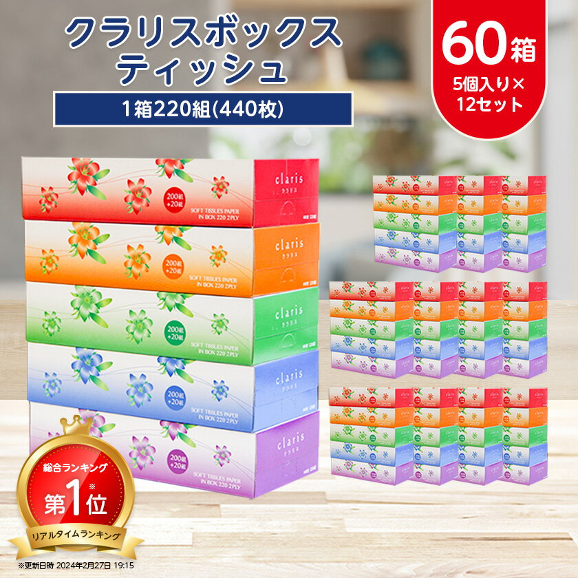 ランキング1位獲得! _クラリスボックスティッシュ60箱(1箱220組(440枚))(5個入り×12セット)_ ティッシュ ティッシュペーパー 日用品 常備品 生活用品 まとめ買い 【配送不可地域：離島・沖縄県】【1256759】
