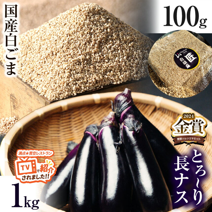 トロ～リ長ナスと国産白ゴマセット｜ 野菜 ナス 茄子 夏秋ナス 長ナス 白ごま ゴマ 胡麻 国産 手作業 煎りたて ごま煎り 体験 擦りたて 強い 香り コク 特産品 栃木県 真岡市 送料無料