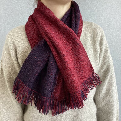 紡績会社の編立て職人によるカシミヤ100%フリンジミニマフラー(チェリー×ネイビー)【1341776】