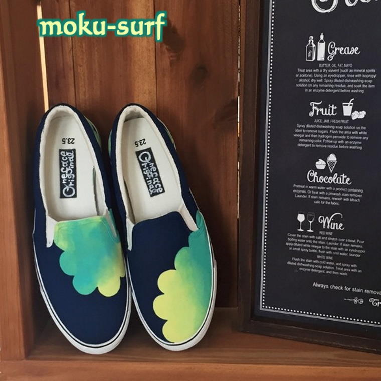 手描きスニーカーmoku-surf レディース メンズ ユニセックス ダークブルー×グラデーション ワイズ 2E 22.0～28.0cm【受注制作】