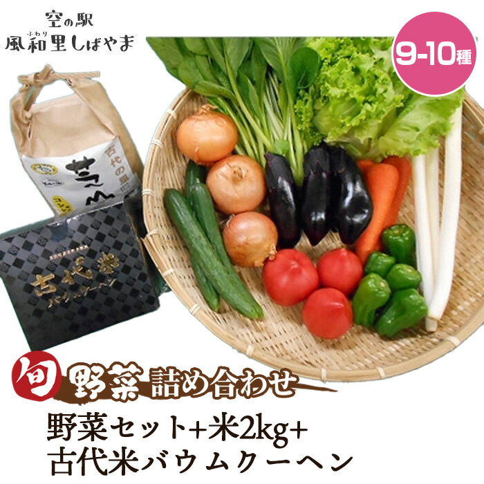 野菜セット（9～10種）＋米2kg＋古代米バウムクーヘン ／ 野菜 米 季節の野菜 旬 新鮮 コシヒカリ 精米 白米 スイーツ 洋菓子 バームクーヘン 自慢の逸品 送料無料 千葉県 No.073