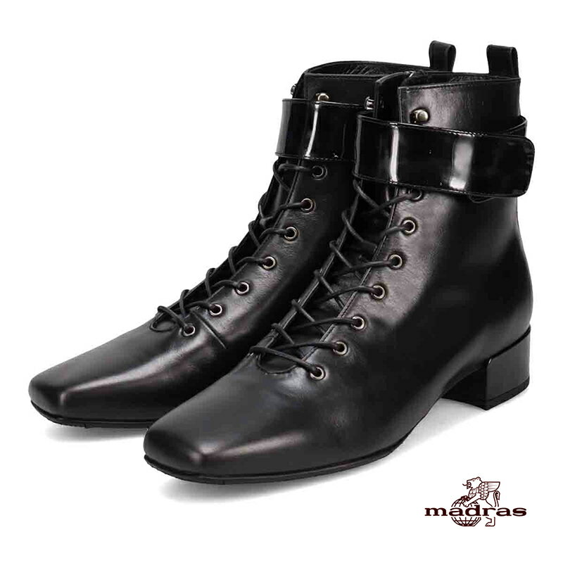 100周年マドラス 婦人靴 ベルト取り外し2wayレースアップブーツ[MAL0036] ショートブーツ レディース 革靴 婦人靴 本革 レザー 柔らかい 日本製 国産 スクエアトゥ 靴 女性用 プレゼント 通勤 仕事