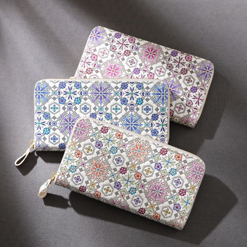 【浅草文庫】ラウンド長財布 花菱柄 財布 ラウンドファスナー 牛革 革 皮革 革製品 レザー 雑貨 日用品 日本製 ハンドメイド 型友禅 工芸品 ギフト レディース 花柄