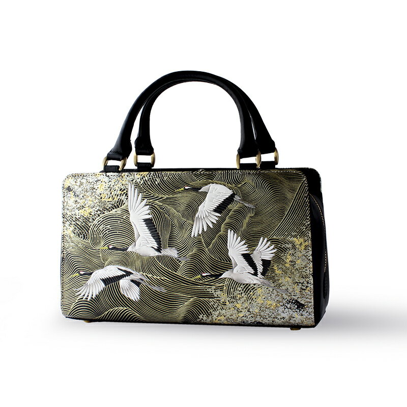 【浅草文庫】利休バッグ〈祝い鶴柄〉ハンドバッグ 鞄 レディース フォーマル 本革 牛革 レザー ギフト プレゼント