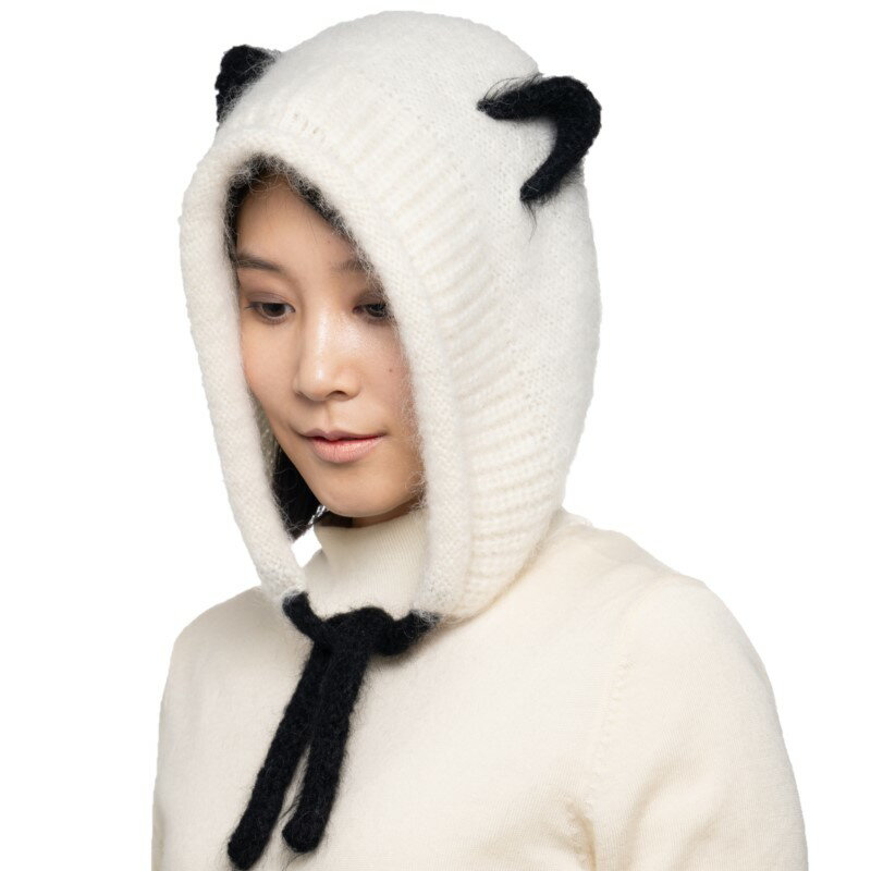 フワフワニット耳付きフード ふるさと納税 パンダ 黒猫 グレー猫 猫耳 猫 アニマル アニマル耳 ニット帽 帽子 モヘア アルパカ ウール