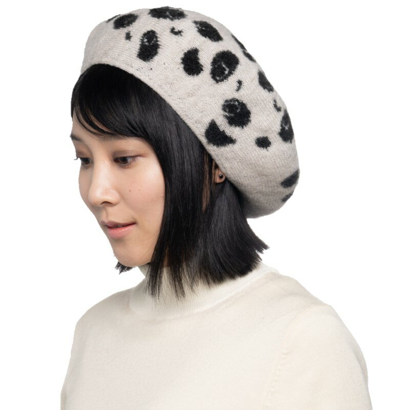 ヒョウ柄風パンダフェイスニットベレー帽 ヒョウ パンダ アニマル ニットベレー帽 ベレー帽 ニット帽 帽子 ウール アルパカ