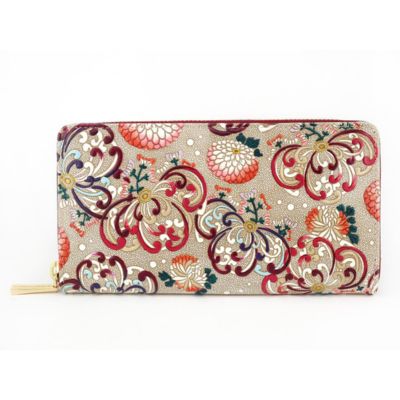 長財布 大容量 ぐるっとファスナーの長財布 乱菊〈赤紫〉 文庫屋大関 通帳が入る 財布 レディース ラウンドファスナー レザー 本革 革 文庫革 レディース財布 お財布 通帳 通帳入れ 通帳ケース 日本製 和風 東京　お届け：発送可能時期より順次配送