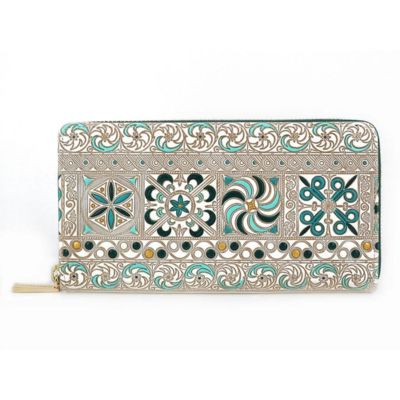 【文庫屋大関】 大容量　ぐるっとファスナーの長財布　錦紗＜緑＞【皮革工芸品】 ファッション小物 民芸品 　お届け：発送可能時期より順次配送