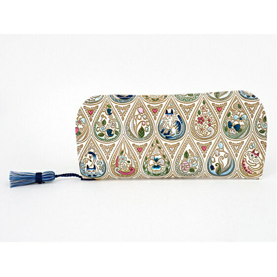 【文庫屋大関】メガネケース　花と猫＜インディゴ＞【皮革工芸品】 ファッション小物 民芸品 　お届け：発送可能時期より順次配送