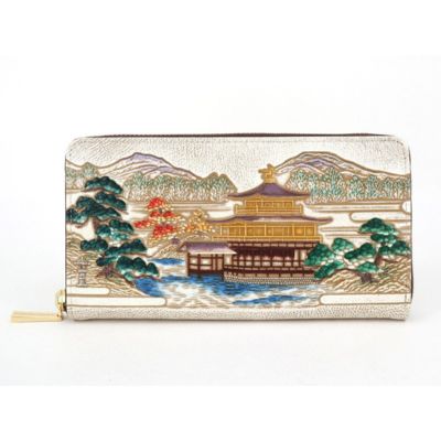 【文庫屋大関】大容量　ぐるっとファスナーの長財布　浮世絵　金閣寺【皮革工芸品】 ファッション 小物 仕切り カードポケット ロングポケット 　お届け：発送可能時期より順次配送