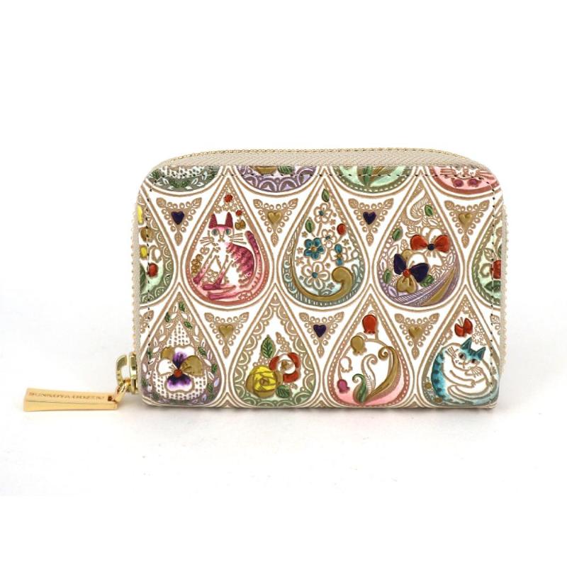 【文庫屋大関】ファスナー 小銭入れ 花と猫＜ミックス＞【皮革工芸品】財布 牛革 コンパクト 東京　お届け：発送可能時期より順次配送
