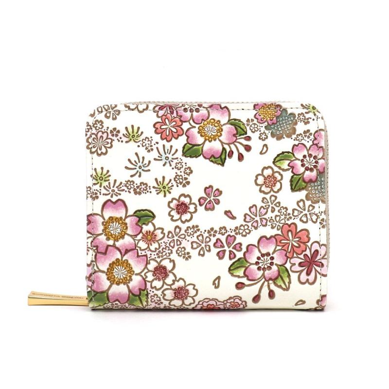 【文庫屋大関】二つ折りファスナーミニ財布 かすみ桜【皮革工芸品】財布 二つ折り 小物 お札 カード 小銭 コンパクト 牛革 手作り 日本製 墨田区 東京都　お届け：発送可能時期より順次配送